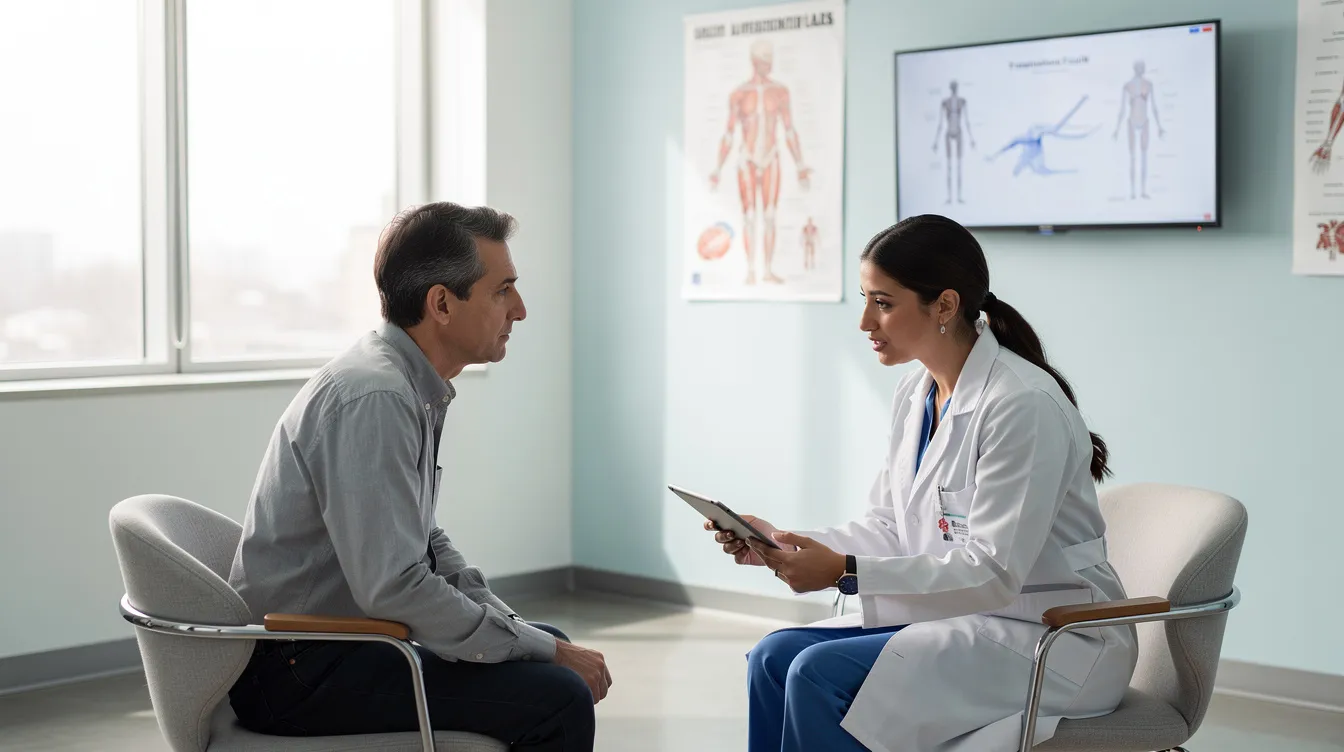 A medical professional is consulting with a patient in a clinical setting, discussing options related to breast augmentation, including the longevity of silicone and saline implants and the potential need for breast implant replacement. The conversation may also cover topics such as implant integrity, capsular contracture, and the effects of aging on breast tissue.