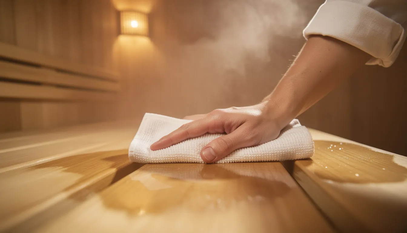 A person is seen wiping down a wooden sauna bench interior with a clean cloth, ensuring a hygienic environment for relaxation. The scene highlights the importance of maintaining cleanliness in spaces that may utilize ceramic infrared heaters for efficient heating and comfort.