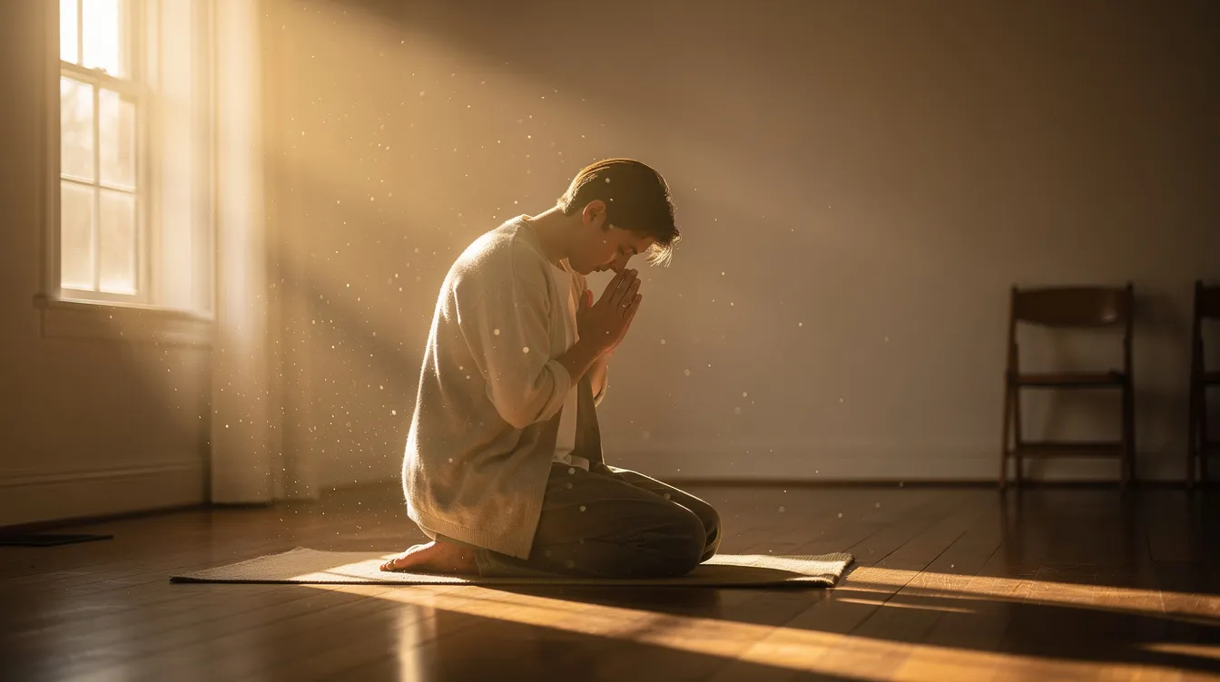 A person is kneeling in prayer in a sunlit room, with warm morning light streaming through a window, symbolizing spiritual significance and the presence of God. This peaceful scene reflects the importance of daily life and spiritual guidance found in the Bible.