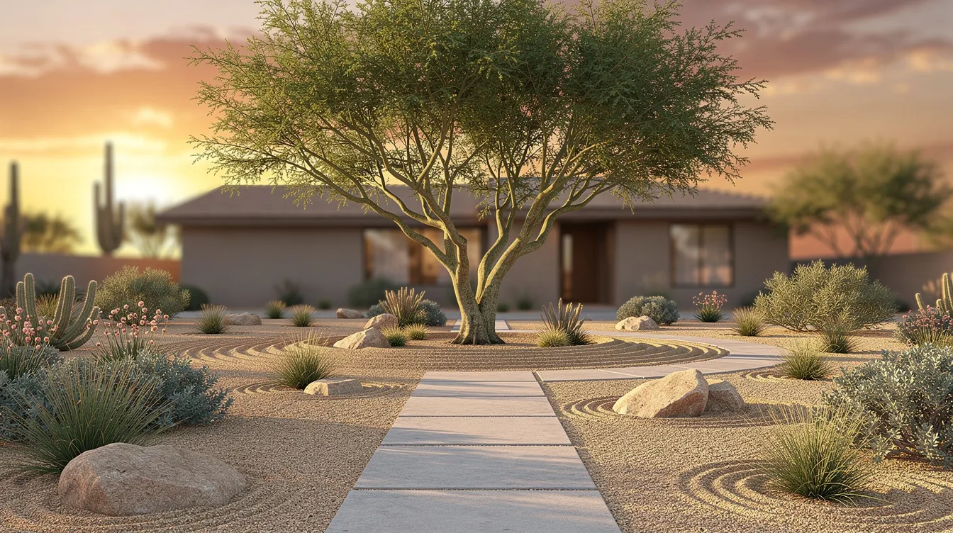 The image depicts a well-balanced desert front yard featuring a focal specimen tree surrounded by low desert shrubs and a bed of decomposed granite, all illuminated by warm sunset light. This outdoor space showcases the principles of landscape design, creating harmony among the living and hardscape elements.