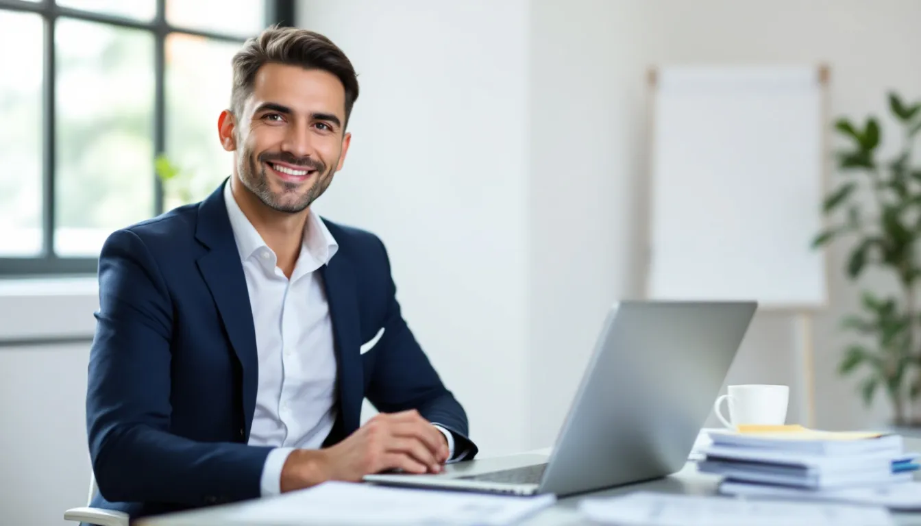 A confident small business owner stands proudly, having successfully developed a debt management plan to tackle business debt, including credit card debt and business loans, ensuring financial stability and growth. The owner reflects a clear understanding of their financial situation, ready to enhance productivity and alleviate financial strain through effective cash flow management and a well-structured repayment plan.