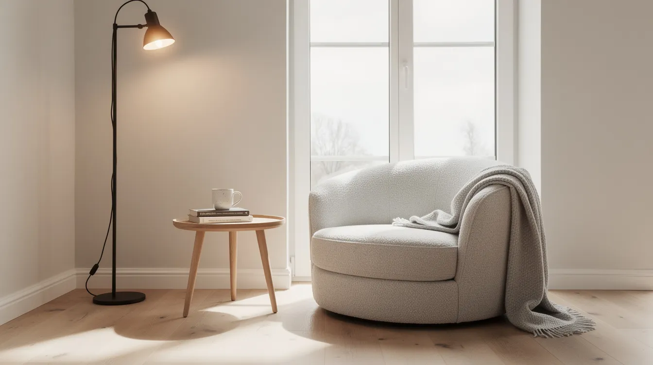 En mysig läshörna med en rund fåtölj i rotting, en golvlampa och ett litet sidobord placerat vid ett fönster. Denna hörna erbjuder en perfekt plats för avkoppling och läsning i vardagsrummet.