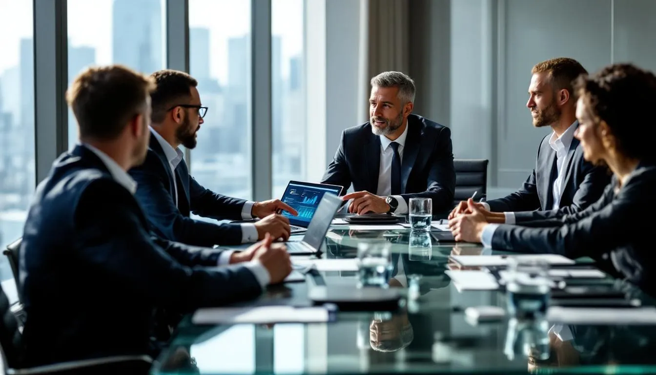 A group of business leaders and executives is engaged in a discussion around a conference table, focusing on strategies to mitigate AI security risks and ensure compliance with regulatory frameworks like the EU AI Act. They are exploring the entire AI lifecycle, including AI governance and the deployment of AI systems to enhance customer relationship management while addressing emerging threats and privacy concerns.