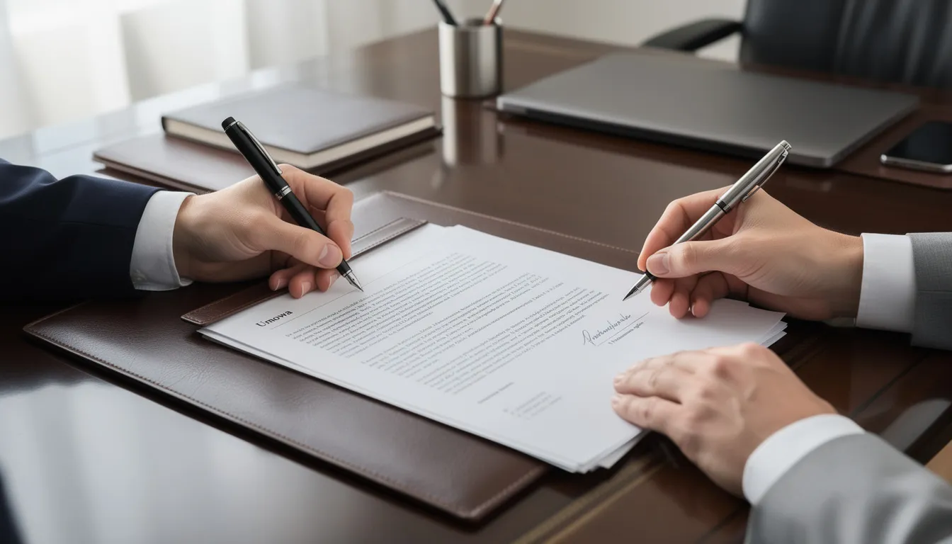 Na eleganckim biurku widać dłonie dwóch osób podpisujących dokumenty, co może sugerować finalizację transakcji dotyczącej nieruchomości. Tego typu działania są istotne w procesie sprzedaży mieszkań, zwłaszcza w Warszawie, gdzie rynek nieruchomości jest bardzo dynamiczny.