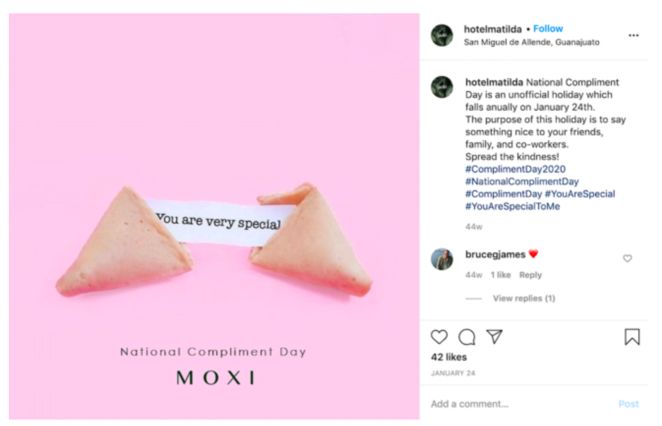 Successful marketing campaign on social media (Instagram) example from @hotelmatilda. A fortune cookie saying "you are very special"  