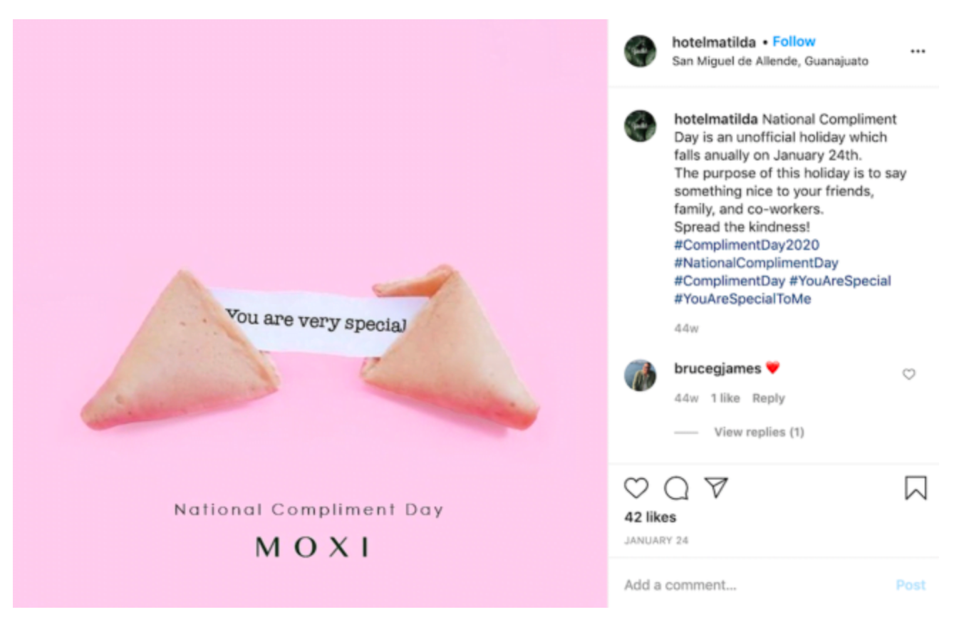 Successful marketing campaign on social media (Instagram) example from @hotelmatilda. A fortune cookie saying 