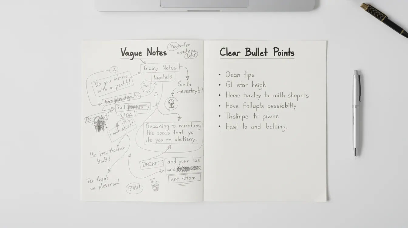 The image depicts a side-by-side comparison of two columns of text on paper; the left column features scattered, vague notes, while the right column showcases clear, organized bullet points, highlighting the importance of strong organizational skills and effective time management for a virtual assistant position. This visual emphasizes the contrast between disorganized and structured information, which is crucial for handling various administrative tasks efficiently.