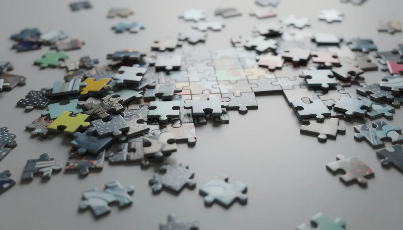 The image shows fragmented puzzle pieces scattered across a surface, symbolizing incomplete data and the complexity of understanding credit history and credit scores. These disjointed pieces represent various factors affecting credit decisions, such as payment history, loan payments, and financial background.