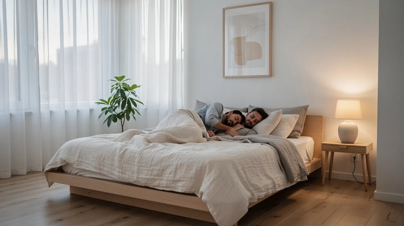 Et par sover komfortabelt i et skandinavisk stilfuldt soveværelse, indrettet med en stilren seng, der tilbyder optimal støtte og behagelig liggekomfort. Rummet er præget af en rolig atmosfære, hvilket bidrager til en god nattesøvn.