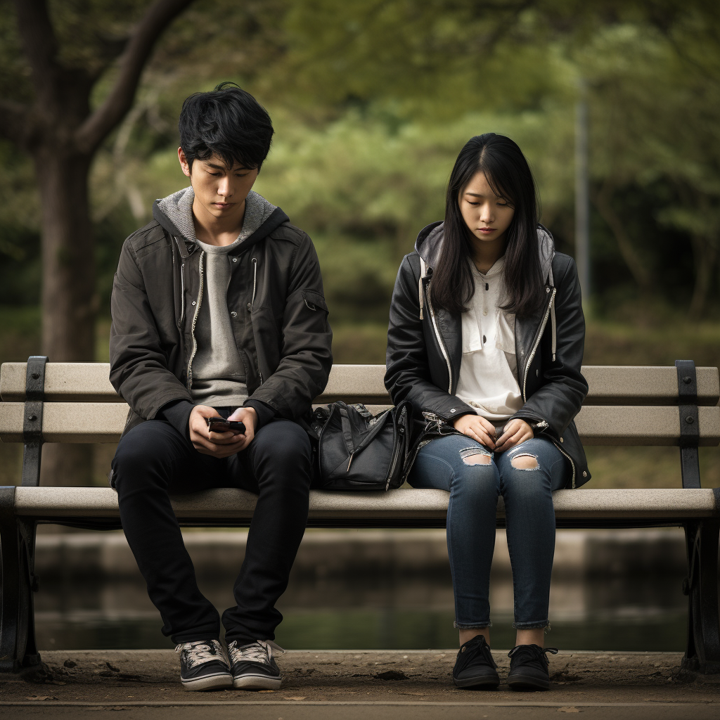 Young Asian couple at the park bench not talking to each other.