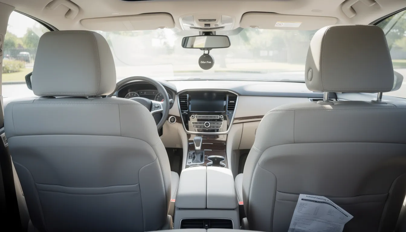 The image depicts a clean and fresh car interior, showcasing the results of a professional smoke odor removal treatment. The interior materials, including upholstery and hard surfaces, have undergone thorough cleaning to eliminate unpleasant cigarette smoke odors, leaving the vehicle's interior smelling revitalized and inviting.