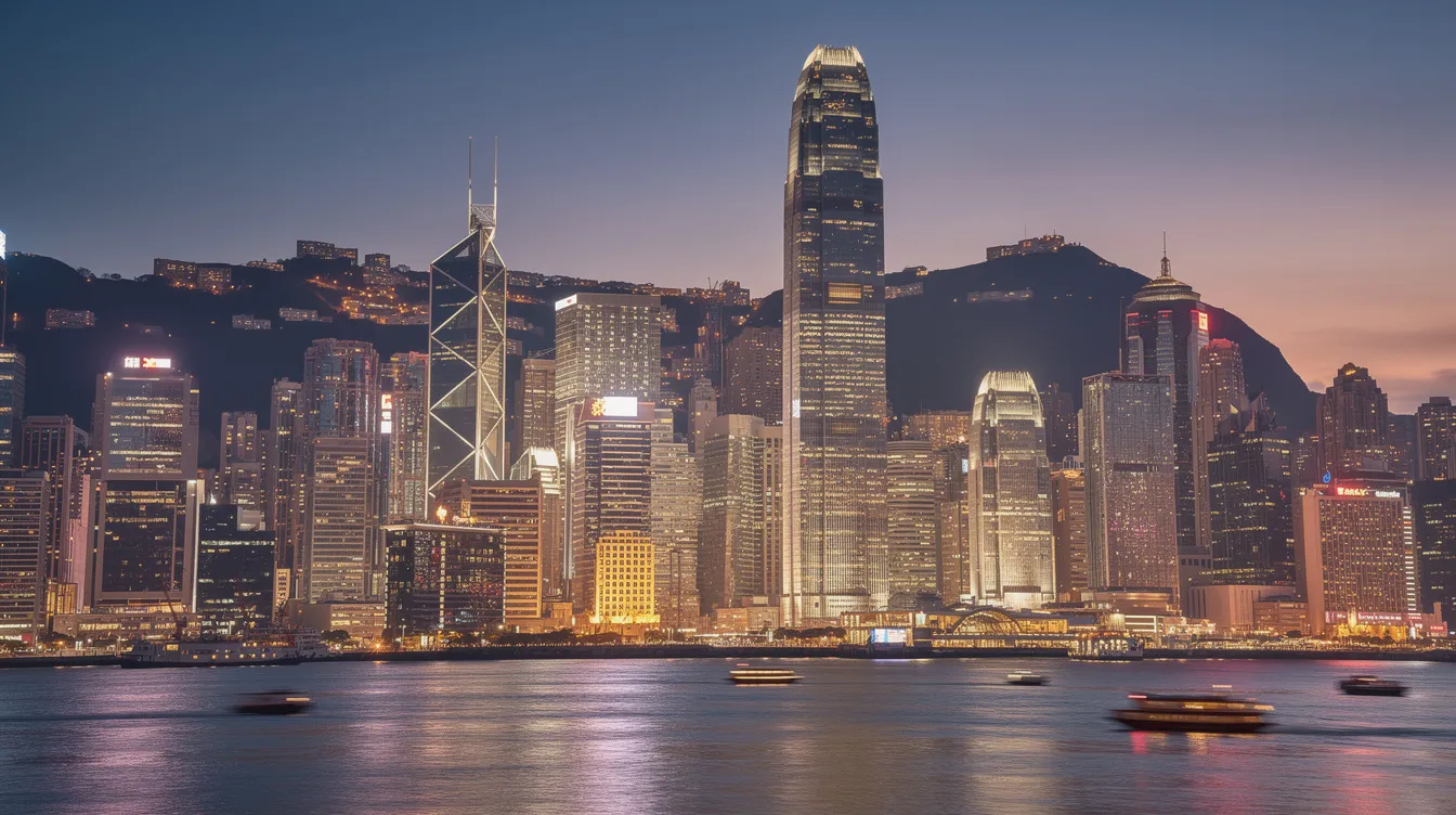 The image depicts the stunning Hong Kong city skyline at dusk, showcasing illuminated office buildings that reflect beautifully on the calm waters of Victoria Harbour. This vibrant scene highlights the dynamic financial landscape of the city, where various 二線 財務 公司 thrive amidst the glowing architecture.