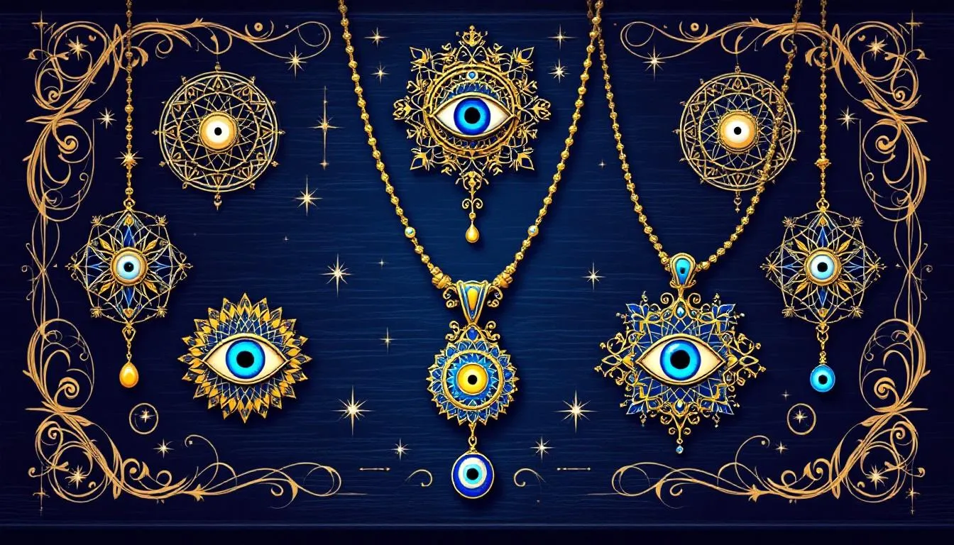 Elegant evil eye necklaces elegantly displayed.