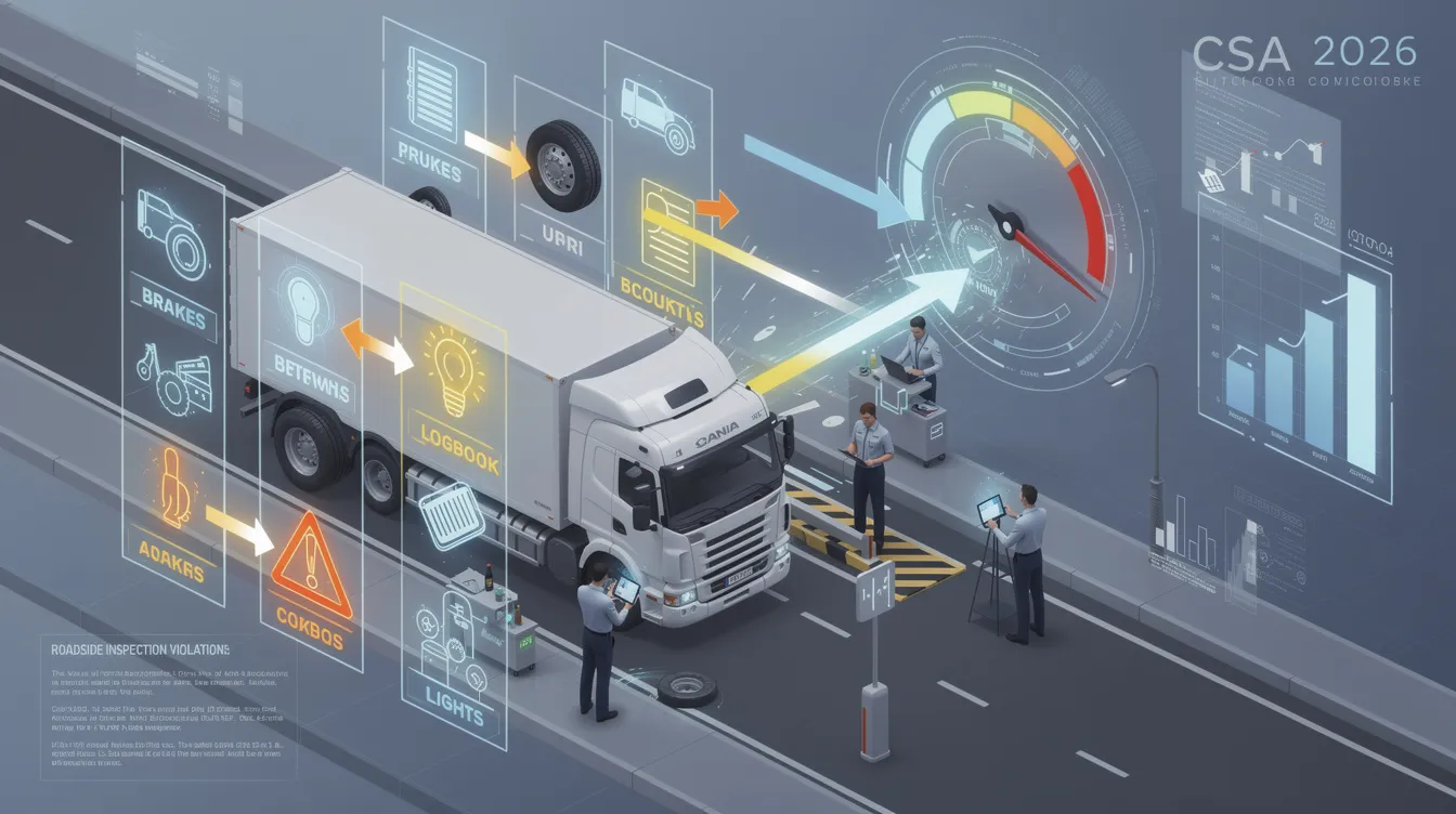 Roadcheck Violations: The image illustrates the complex relationships between roadcheck violations and a commercial motor vehicle's CSA score in 2026, highlighting various safety improvement categories and the impact of driver violations. It visually represents how roadside inspection failures and compliance with federal regulations can lead to poor CSA scores, affecting trucking companies' reputations and insurance costs.