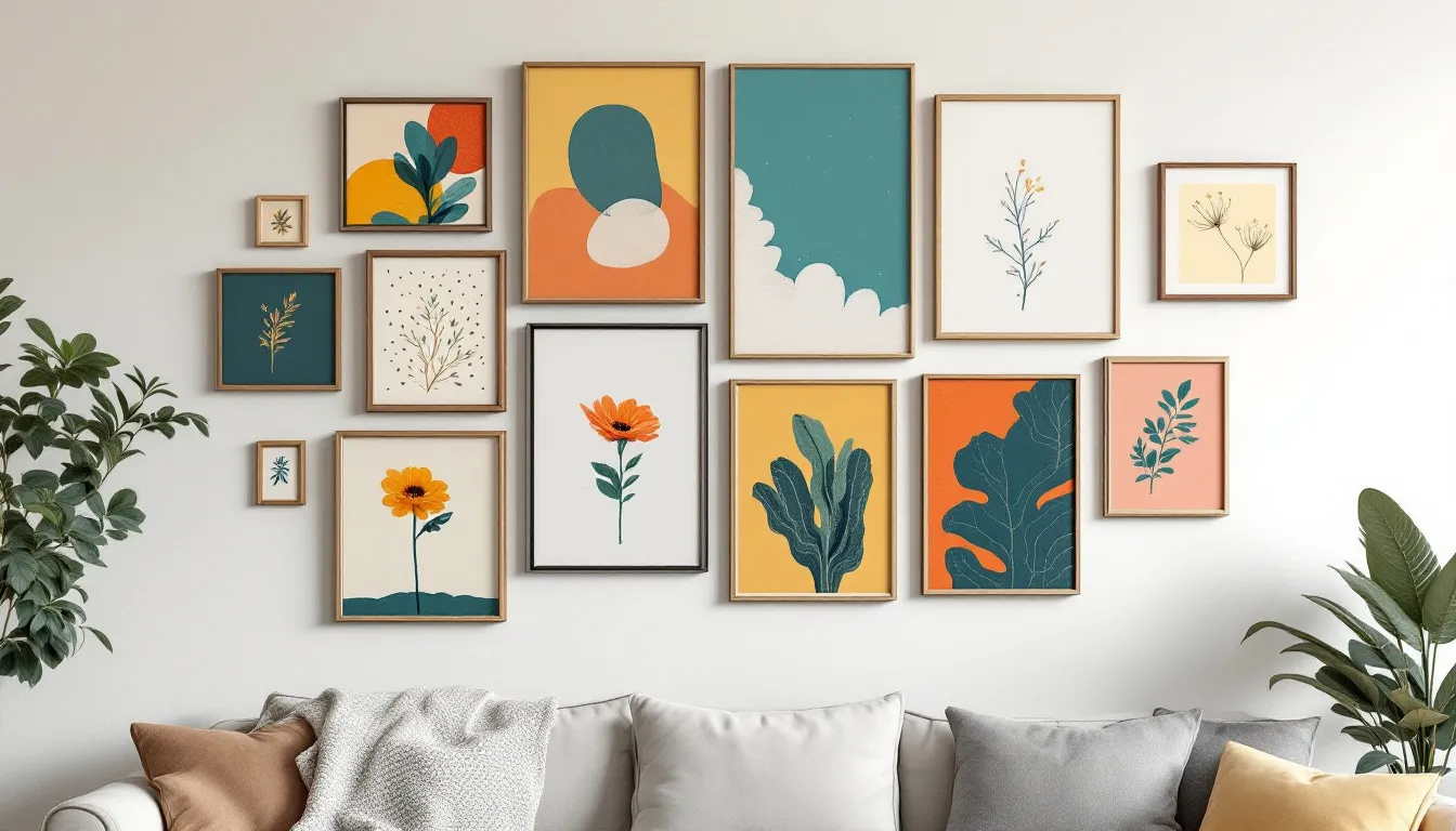 A cohesive color palette displayed on a gallery wall with various frames.