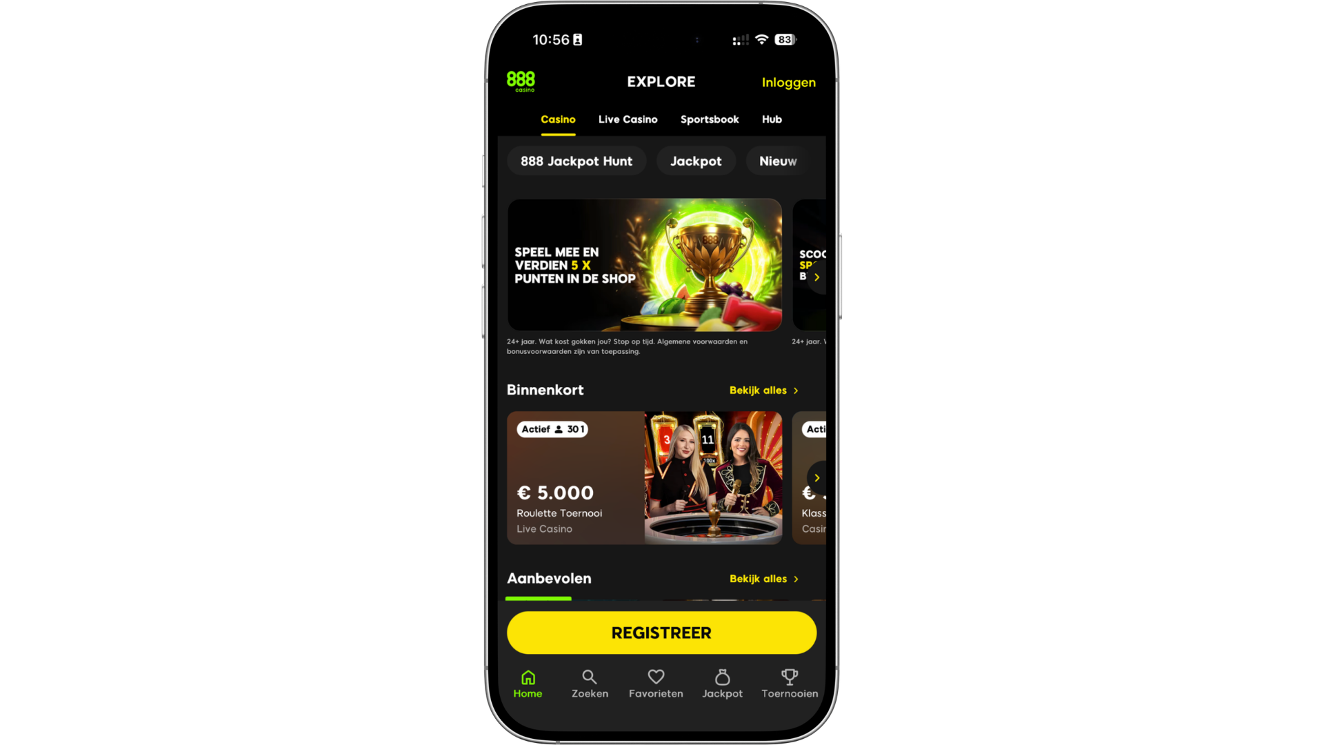 Scherm van de 888casino mobiele app op smartphone met online casino spellen, live casino en jackpots, voorbeeld van een casino app voor iOS en Android binnen de online kansspelen en mobiele casino apps markt.