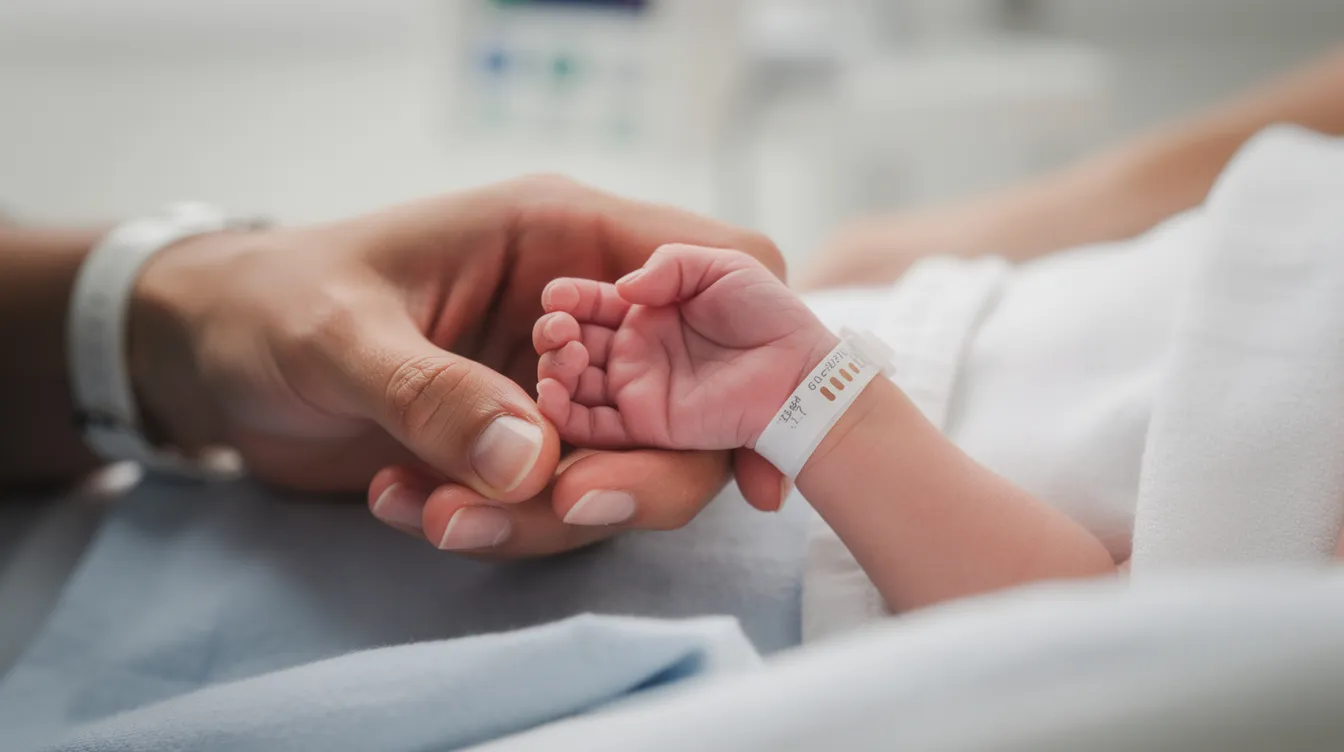 The image depicts a parent tenderly holding the tiny hand of their newborn baby in a hospital setting, symbolizing the bond of love and care during a vulnerable time. This moment highlights the importance of proper medical attention during labor and delivery to prevent potential birth injuries, such as those that can lead to cerebral palsy.