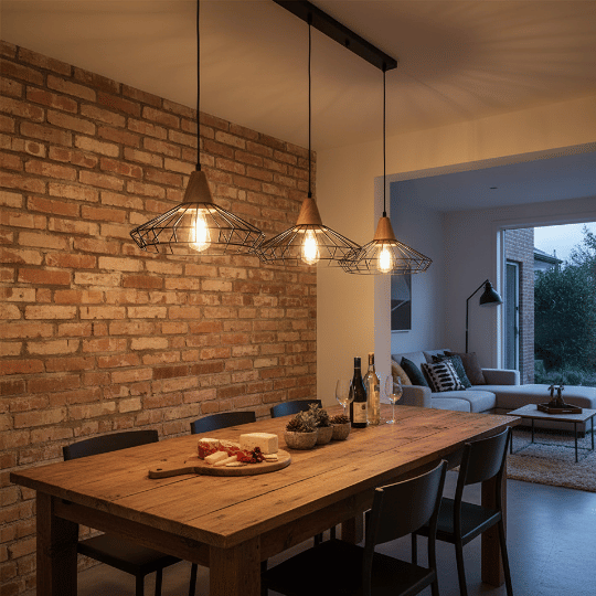 Three industrial wire cage pendant lights hanging above a wooden dining table.