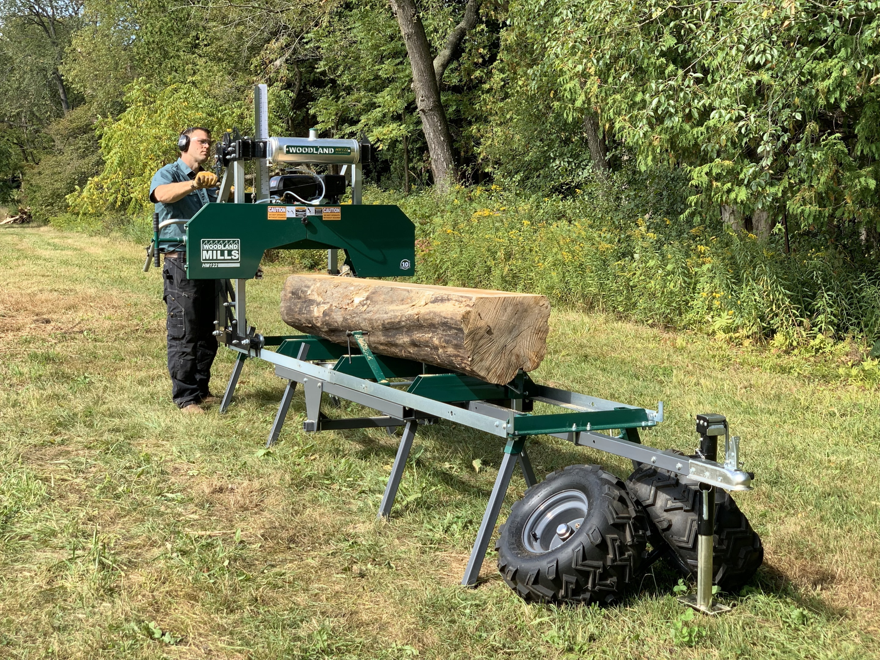 A Woodland Mills trailer-mounted HM122, built for durability. 