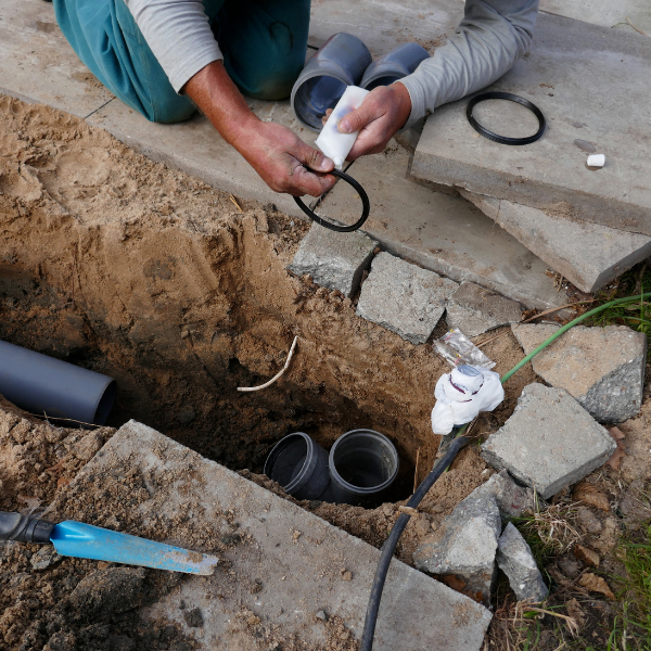 An image showing a plumber fixing a sewer line replacement to protect a family's health and safety.