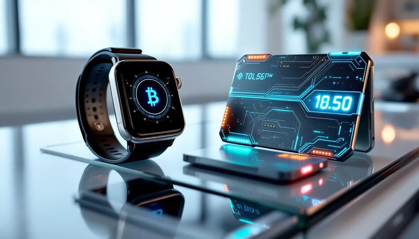 The image depicts a modern desk featuring futuristic cryptocurrency wallet devices, including a sleek smartwatch and a card-style hardware wallet, designed for secure management of digital assets. These devices emphasize enhanced security for private keys, ensuring protection against online attacks while facilitating crypto transactions.
