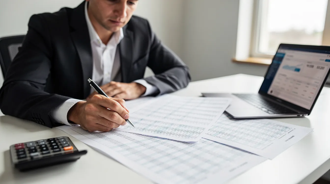 A person is seated at a desk, focused on reviewing financial spreadsheets, with a calculator and laptop positioned nearby. The scene suggests a detailed analysis of financial metrics such as debt service coverage ratio and annual debt service, essential for evaluating commercial real estate loans and property performance.