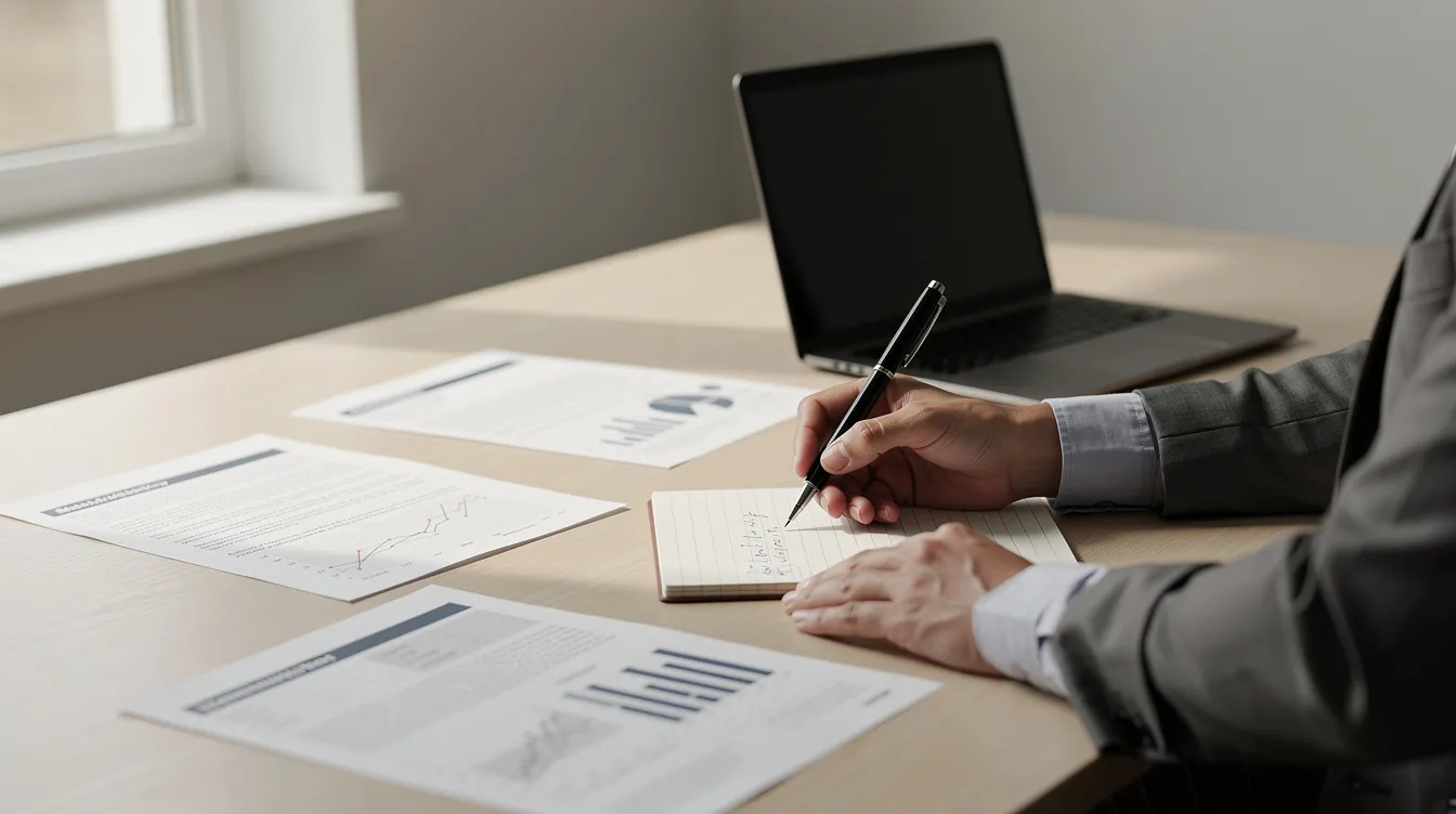 A person is sitting at a desk, diligently writing notes with a pen while surrounded by various documents related to a mudra loan application. The scene captures the essence of preparing important paperwork, possibly to submit a loan request to a bank for business purposes.