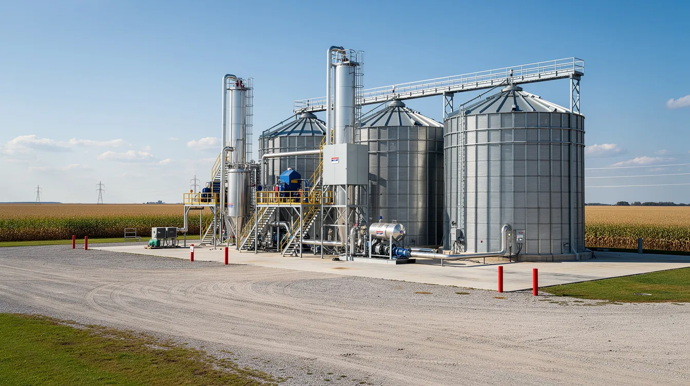 The image depicts large grain storage silos and industrial processing equipment at an ethanol production facility located in a rural agricultural area, highlighting the infrastructure essential for the production of ethanol and distillers grains, which serve as valuable feed ingredients for livestock, including cattle and poultry. The scene emphasizes the connection between ethanol plants and the animal feed market, showcasing the importance of efficient grain storage and processing in the production process.