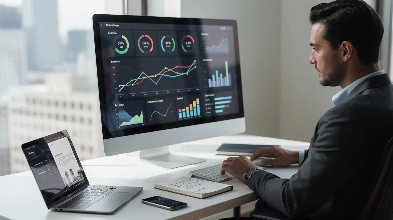 An entrepreneur is intently reviewing analytics on a computer screen, analyzing data related to their dropshipping business model. The screen displays graphs and metrics that help assess product quality, shipping costs, and profit margins, essential for running a successful online store.
