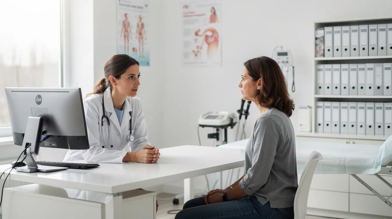 Une consultation médicale se déroule dans un cabinet de gynécologie lumineux, où une femme est assise face à son médecin. Ils discutent des effets secondaires possibles du stérilet en cuivre, notamment la prise de poids et les changements dans le cycle menstruel.