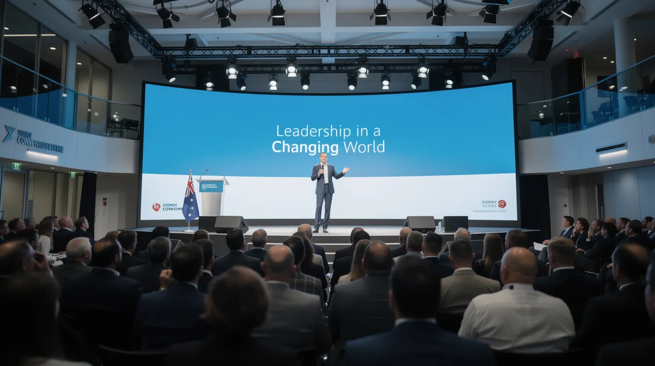 A professional keynote speaker is delivering an engaging presentation to a large corporate audience in a modern Australian conference venue, emphasizing motivational themes and practical tools for business leaders. The event showcases the importance of selecting the right speaker for corporate events, highlighting the speaker's proven track record and the associated keynote speaker fees.
