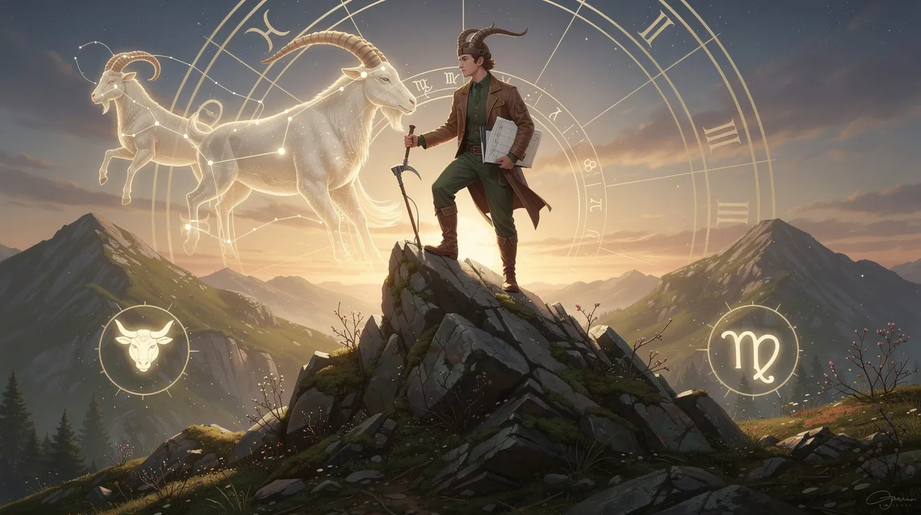The image depicts the Capricorn zodiac sign, represented by the sea goat, symbolizing its grounded and practical nature. Known for its leadership qualities and ambition, the Capricorn personality is focused on achieving tangible results in the material world, distinguishing it from other earth signs like Taurus and Virgo.