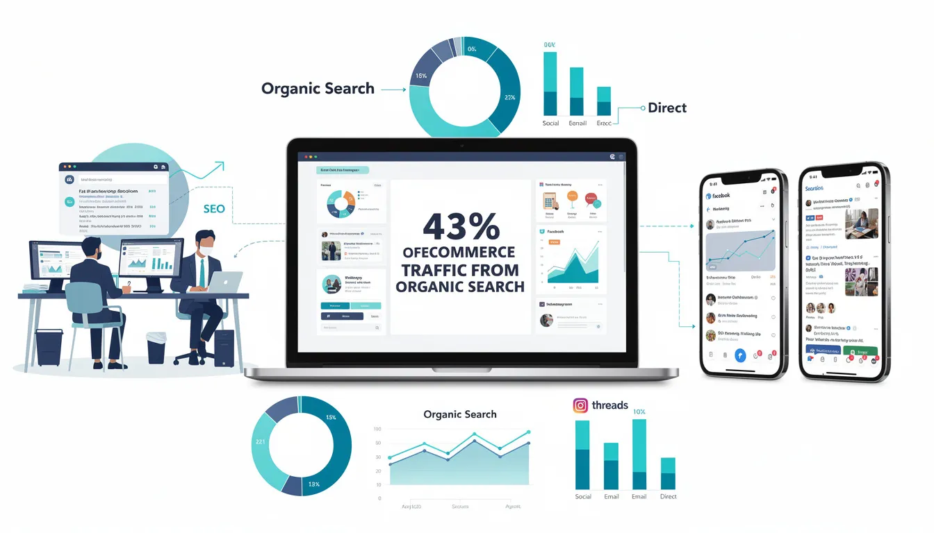 An infographic depicting the significant role of organic search in driving traffic to ecommerce websites, illustrating that approximately 43% of visitors come from search engines. The image highlights the importance of an effective ecommerce SEO strategy, including keyword research and site structure, to enhance search rankings and attract organic traffic.