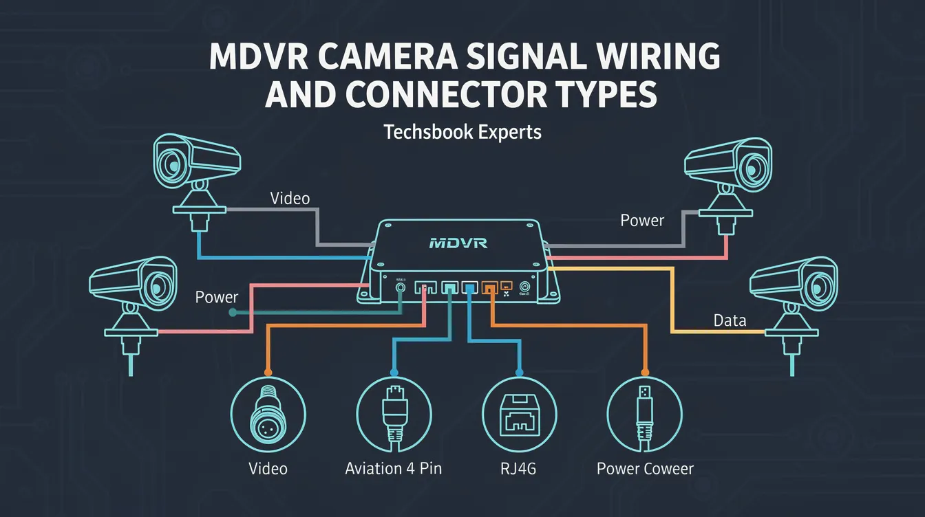 MDVR Wiring: The image illustrates various types of wiring and connectors used for mobile digital video recorders (MDVR) in vehicles, showcasing components like cameras and SD cards that support video evidence recording. It highlights the importance of compatible devices for fleet management, including buses and trucks, ensuring real-time video capture for future disputes.