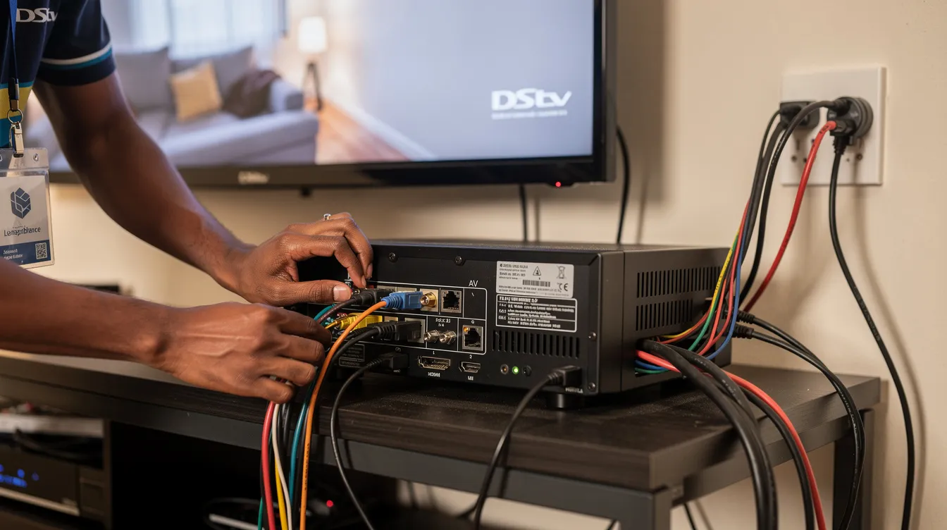 A technician is seen connecting cables behind a DStv decoder during a repair and testing process, ensuring optimal signal quality for uninterrupted viewing. The setting suggests a professional DStv installation service, highlighting the importance of proper setup and maintenance for reliable satellite dish functionality.