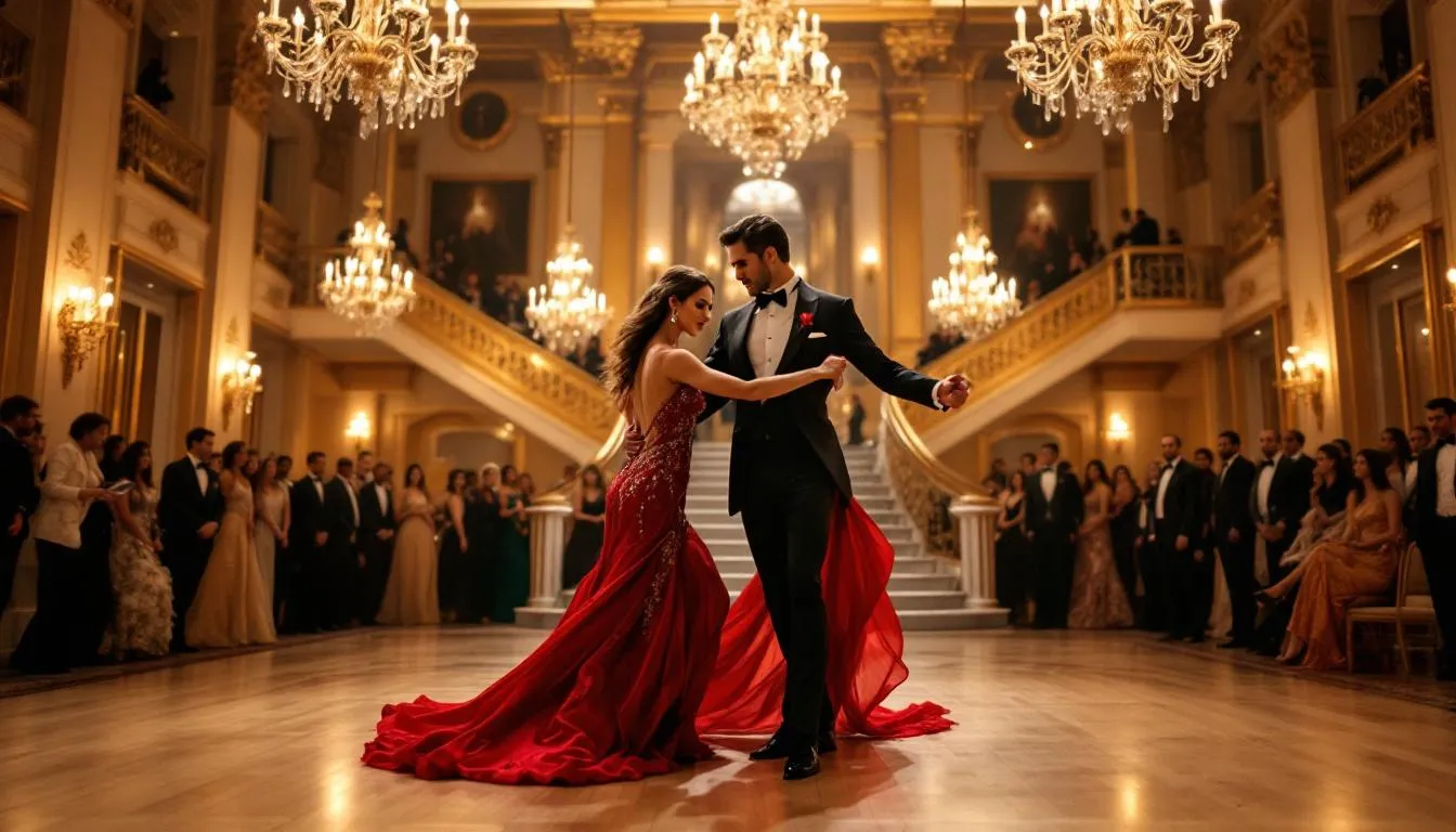 In an elegant ballroom, professional dancers are gracefully performing a captivating routine, showcasing both standard and Latin dance styles. The atmosphere is vibrant, reminiscent of prestigious competitions like the British Open, with a focus on the artistry and precision of the dancers, including those from Nerikes Dansinstitut.