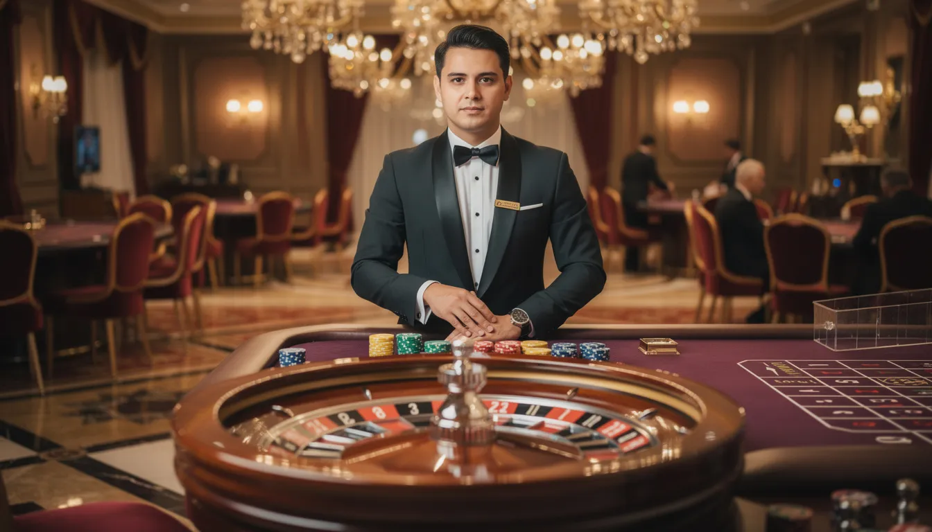 En professionell croupier står vid ett roulettebord i en elegant casinomiljö, omgiven av spelare som är engagerade i spelet. Denna live casino-upplevelse erbjuder en atmosfär av spänning och möjligheten att spela för riktiga pengar.