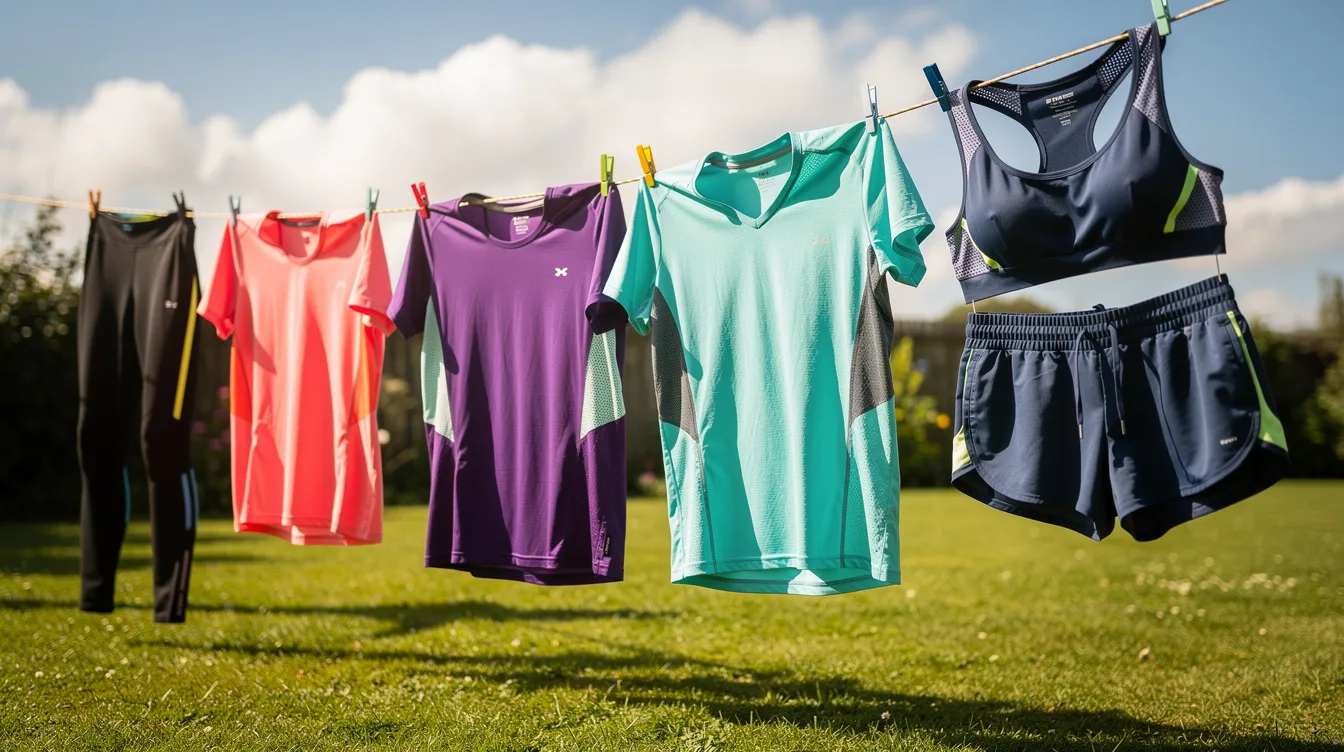 A variety of athletic wear, including sweatshirts and hoodies, is hanging on a clothesline outdoors, basking in the sunlight to air dry. The vibrant colors and casual style suggest these items are perfect for comfortable workouts or lounging, while also being part of a final sale event on the website.
