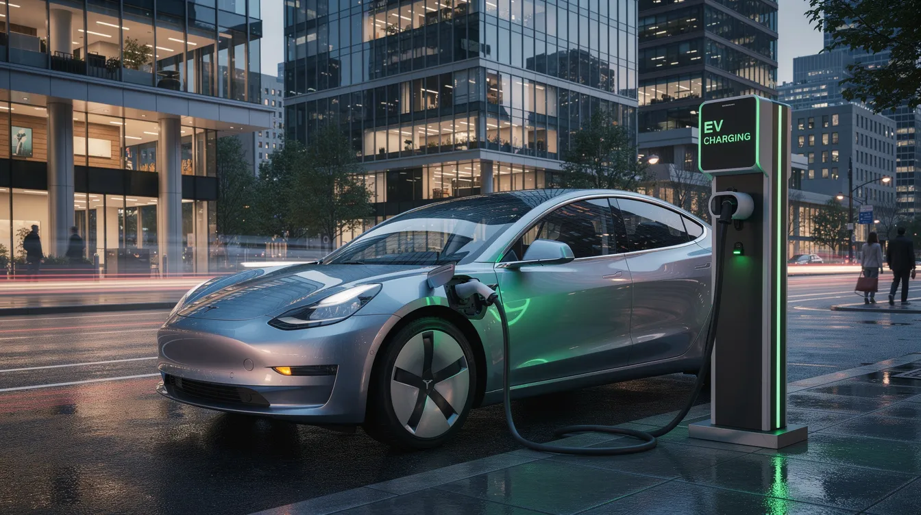 An electric vehicle is parked at a charging station in a bustling urban environment, surrounded by modern buildings and busy streets. This scene reflects the growing trend of sustainable transportation and could inspire low investment business ideas focused on electric vehicle services in a competitive market.
