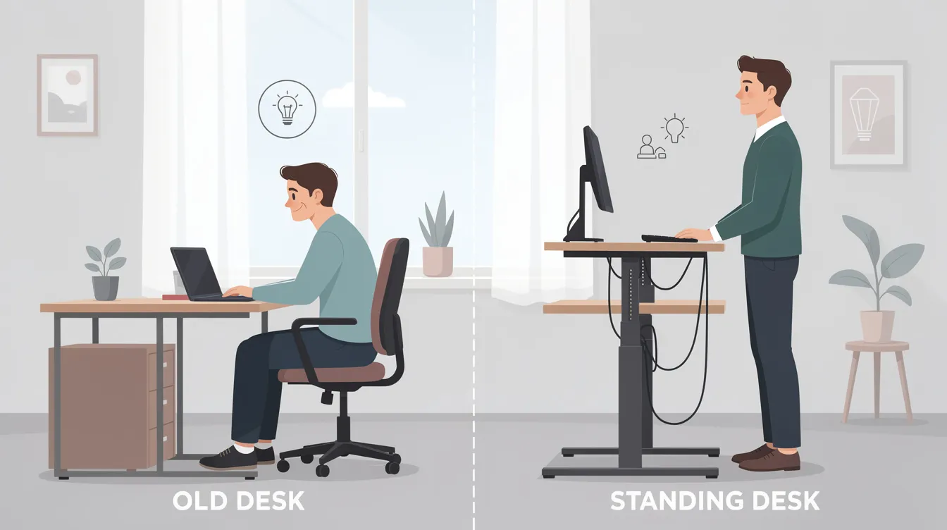 The image depicts an office worker using a standing desk, maintaining proper alignment with their upper body relaxed and head at eye level. This ergonomic setup aims to prevent neck pain and promote good posture, supporting overall health and well-being during prolonged periods of computer work.