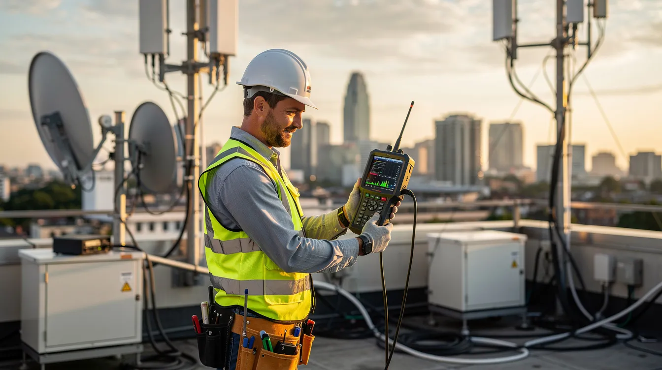 A professional technician is testing the signal quality of a satellite dish on a rooftop using a field signal meter, ensuring reliable DSTV installations for optimal viewing. The technician is equipped with tools for installation services, providing excellent service to meet customers' DSTV installation needs.