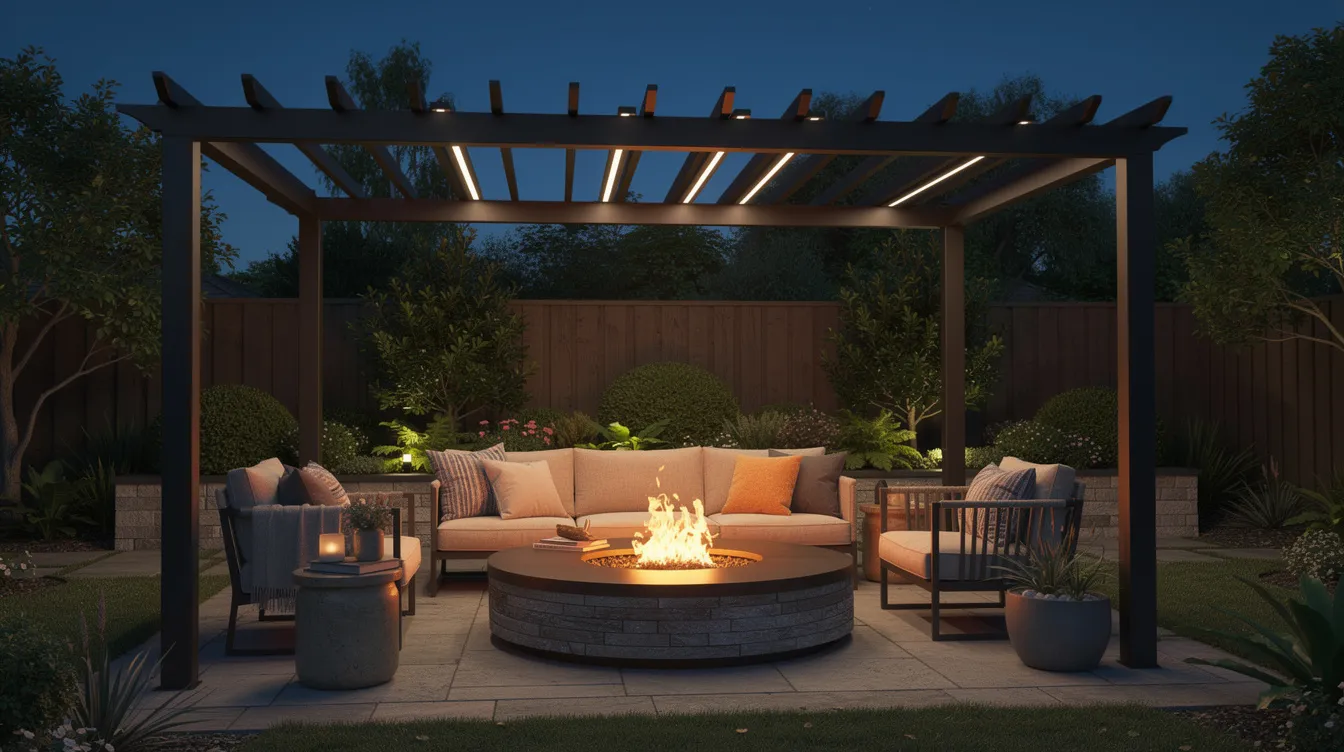 This image showcases a beautifully designed outdoor space featuring a sleek metal pergola and a cozy firepit, perfect for enhancing backyard design. Surrounding the firepit are stylish lounge furniture and vibrant plants, creating an inviting atmosphere for family gatherings and outdoor living.