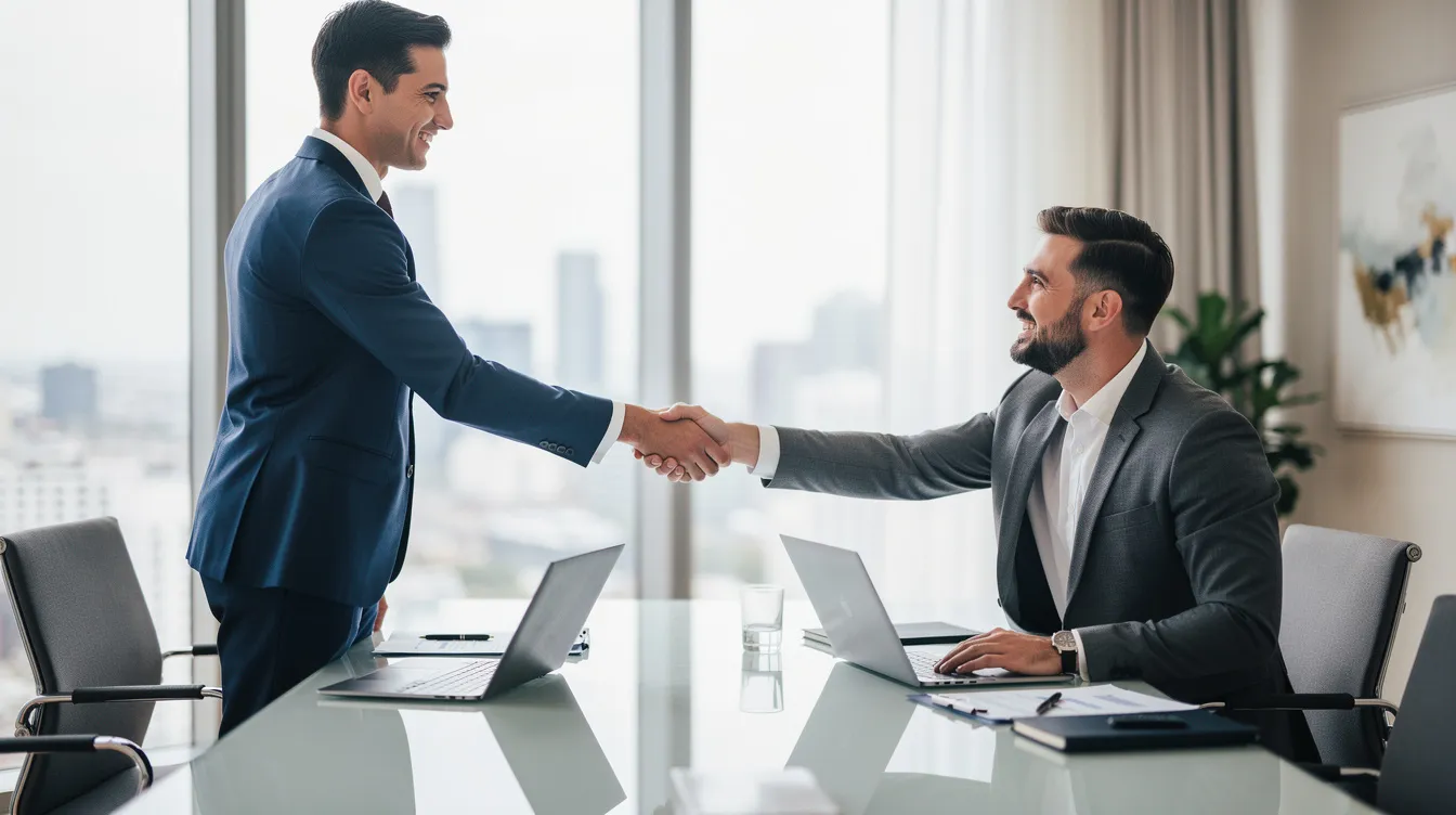 The image depicts two professionals shaking hands across a modern conference table, symbolizing a successful business negotiation process. This moment reflects the essence of business marketing strategy, emphasizing collaboration and the potential for future marketing campaigns between businesses.