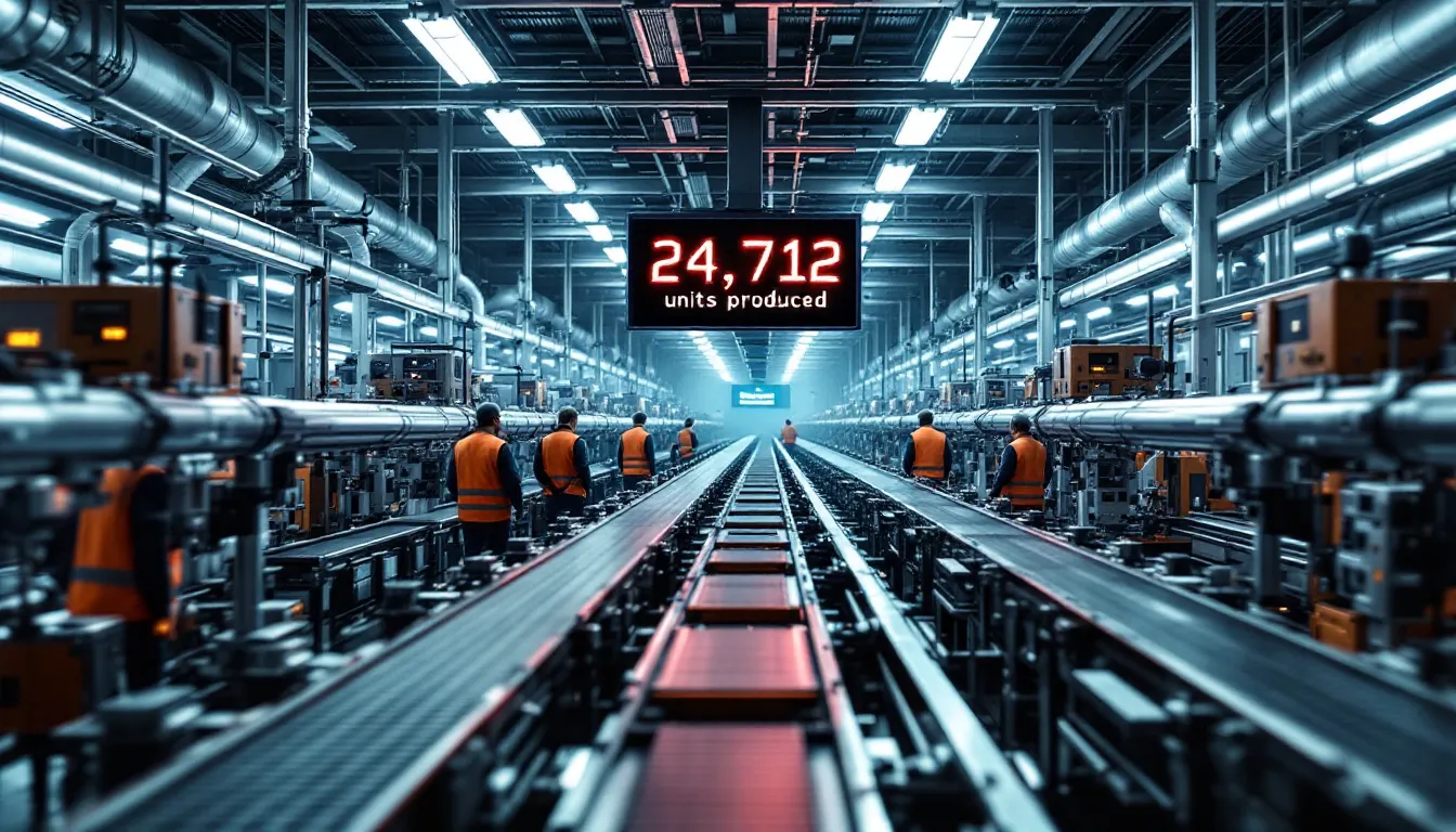 The image illustrates a manufacturing plant's production volume metrics, highlighting key performance indicators such as the number of units produced and overall equipment effectiveness. It visually represents the efficiency of production processes and the relationship between manufacturing operations and customer satisfaction.