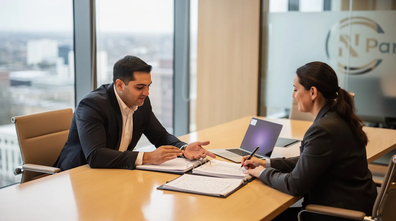 An attorney is seated at a conference table, reviewing documents with a client who appears to be discussing their personal injury claim related to a traumatic accident. The atmosphere suggests a serious conversation about the client's medical expenses and emotional trauma following an injury, possibly involving amputation or significant rehabilitation needs.
