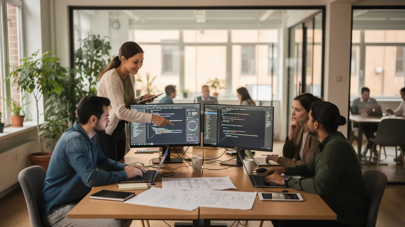 مطورون يتعاونون أمام شاشات تعرض الشفرة وواجهات التسيير.