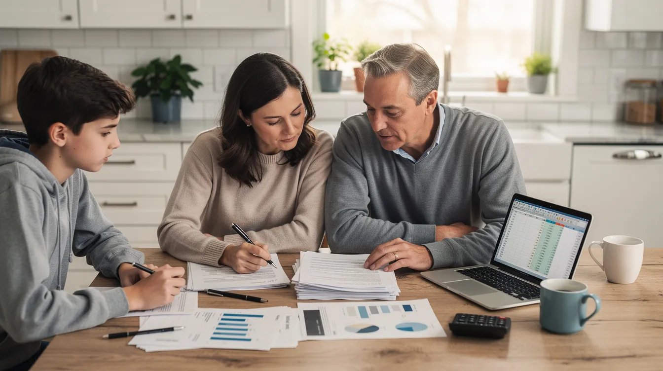 A family is gathered around a kitchen table, collaboratively reviewing financial documents and discussing their financial situation, which may include aspects like loan terms, interest rates, and repayment plans. The atmosphere is focused and supportive as they navigate their financial responsibilities together.