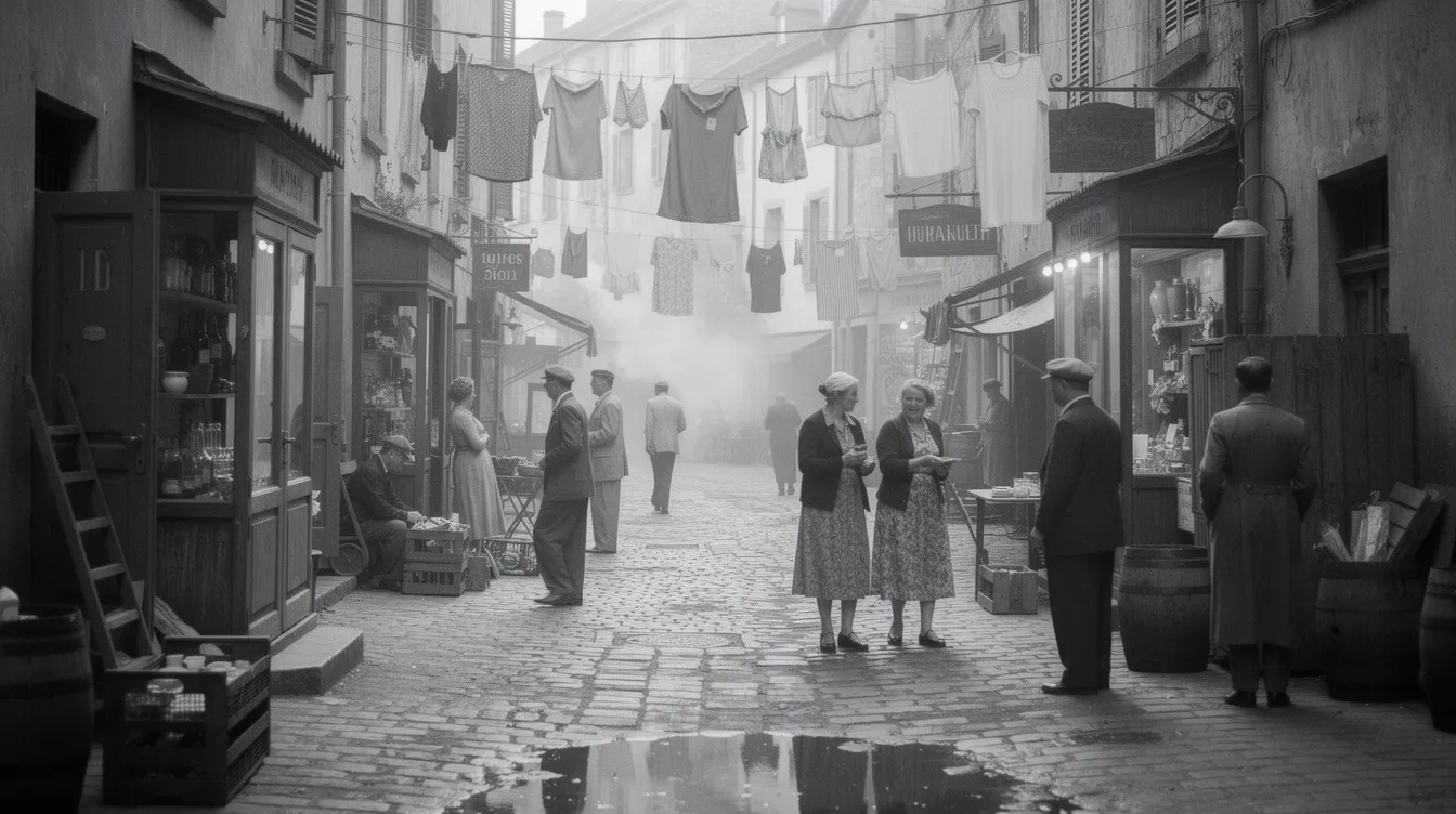 Die Schwarzweißaufnahme zeigt eine enge Gasse aus den 1940er Jahren, gesäumt von kleinen Geschäften und Wäscheleinen, während Menschen in bescheidener Kleidung umhergehen. Diese Szene erinnert an die Filmset-Atmosphäre von "Der große Diktator" und vermittelt ein Gefühl von Alltag und Menschlichkeit in einer vergangenen Zeit.