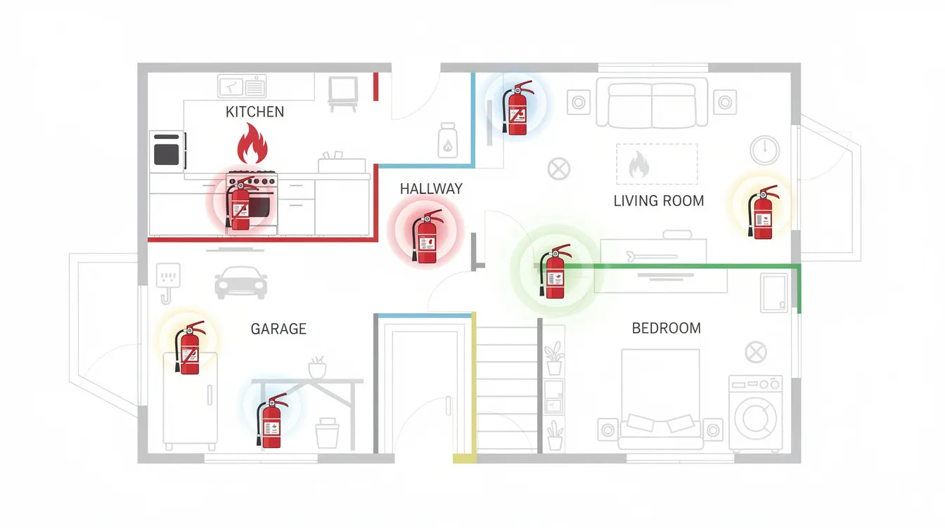 Essential locations for fire extinguishers in a home, including kitchen and garage.