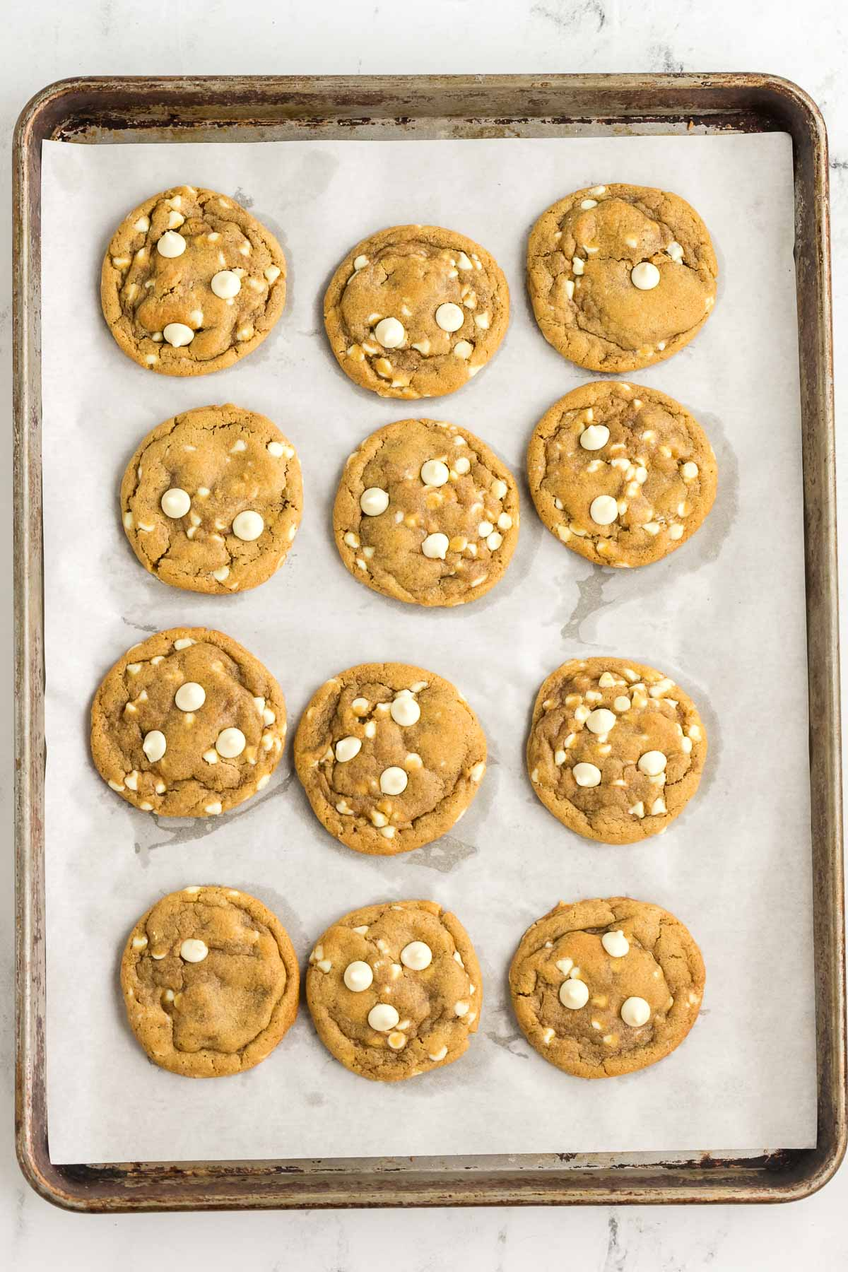 a dozen baked biscoff cookies on a baking sheet lined with parchment paper